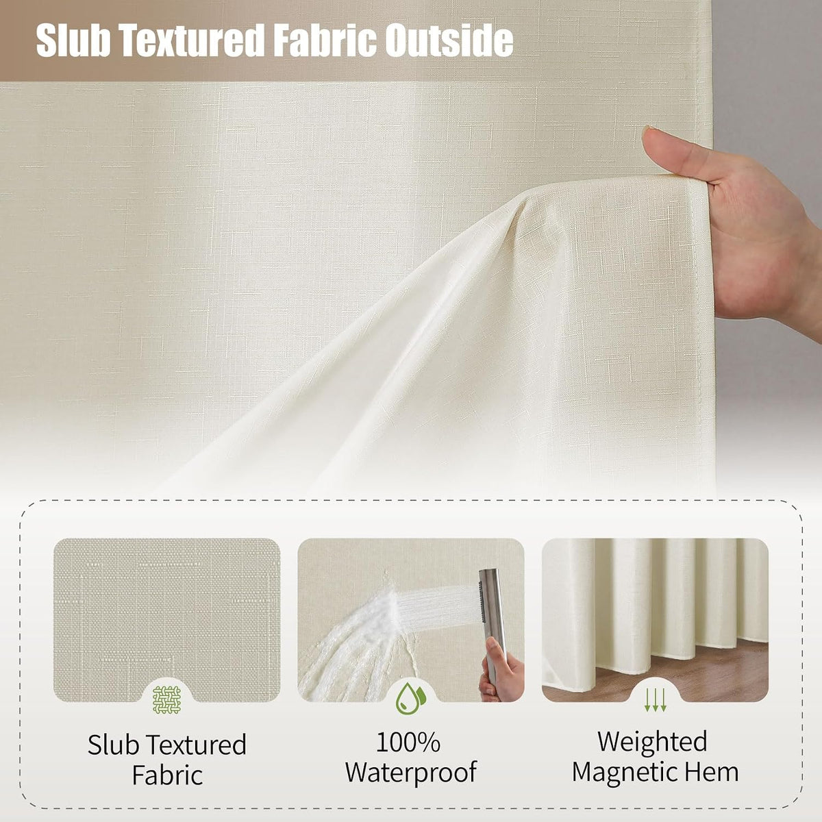 No Hook Shower Curtain, Waterproof Slub Fabric, White 71x74 in