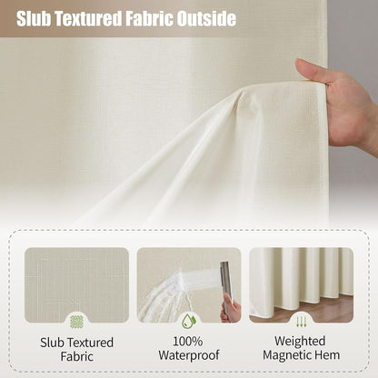 No Hook Shower Curtain, Waterproof Slub Fabric, White 71x74 in