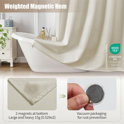 No Hook Shower Curtain, Waterproof Slub Fabric, White 71x74 in