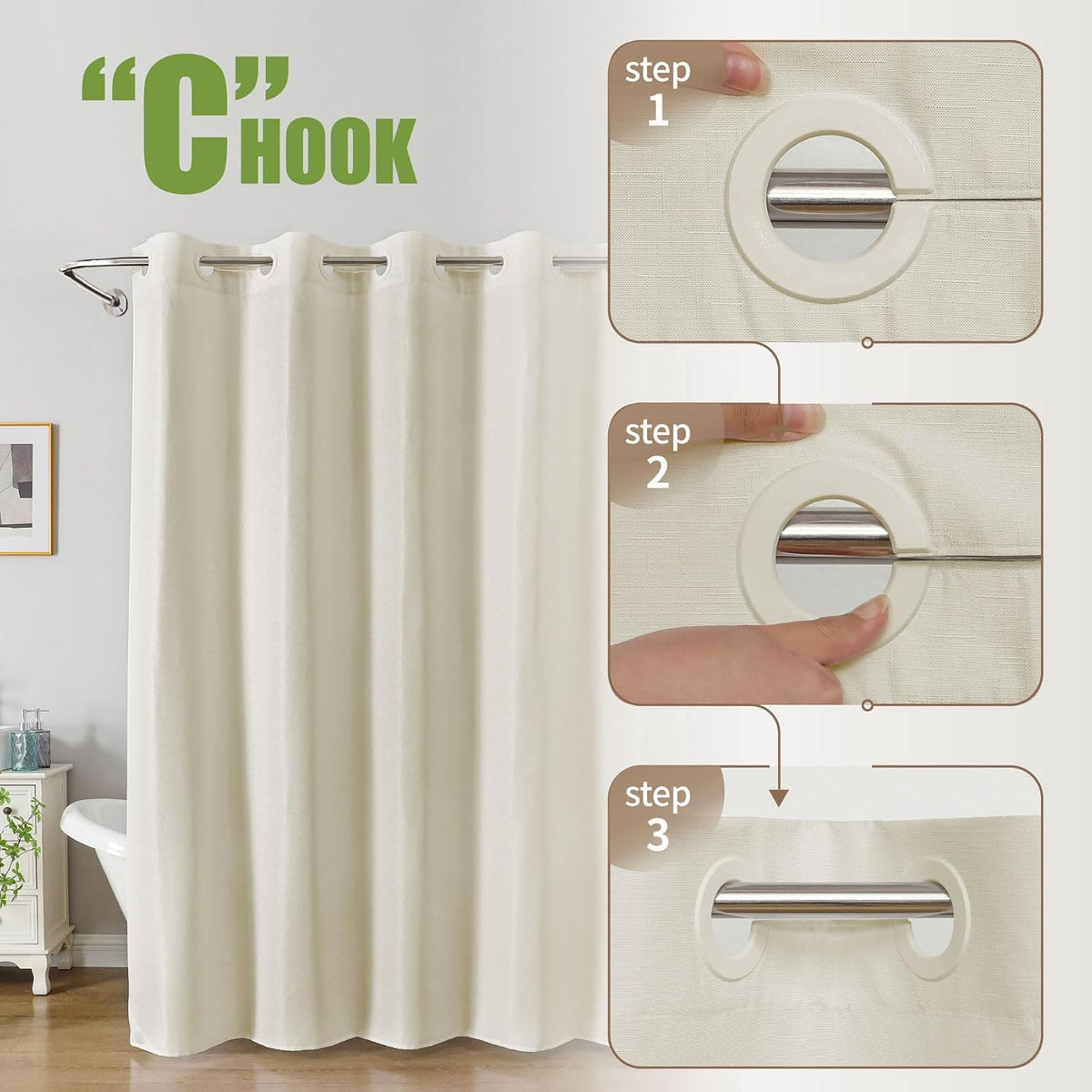 No Hook Shower Curtain, Waterproof Slub Fabric, White 71x74 in