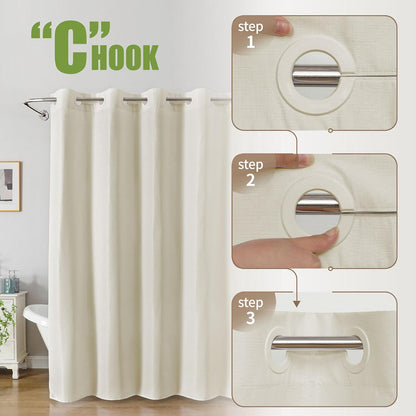 No Hook Shower Curtain, Waterproof Slub Fabric, White 71x74 in