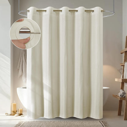 No Hook Shower Curtain, Waterproof Slub Fabric, White 71x74 in