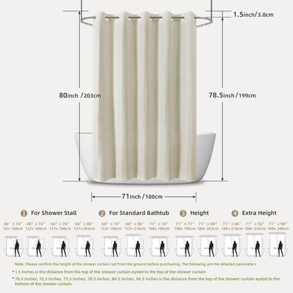 No Hook Shower Curtain, Waterproof Slub Fabric, White 71x74 in