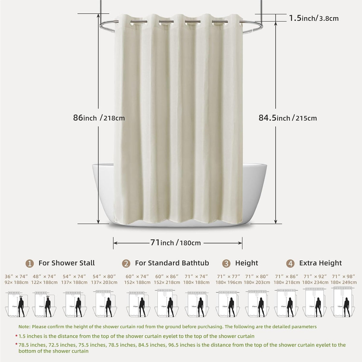 No Hook Shower Curtain, Waterproof Slub Fabric, White 71x74 in