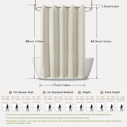 No Hook Shower Curtain, Waterproof Slub Fabric, White 71x74 in
