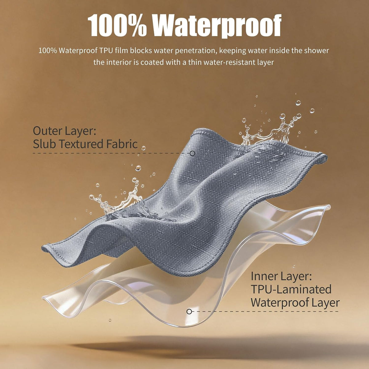 No Hook Shower Curtain, Waterproof Slub Fabric, White 71x74 in