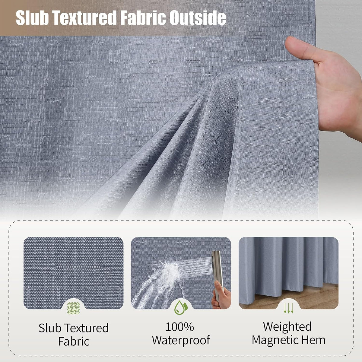 No Hook Shower Curtain, Waterproof Slub Fabric, White 71x74 in