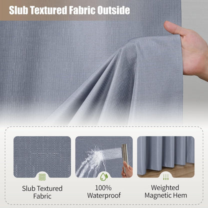 No Hook Shower Curtain, Waterproof Slub Fabric, White 71x74 in