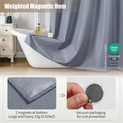 No Hook Shower Curtain, Waterproof Slub Fabric, White 71x74 in