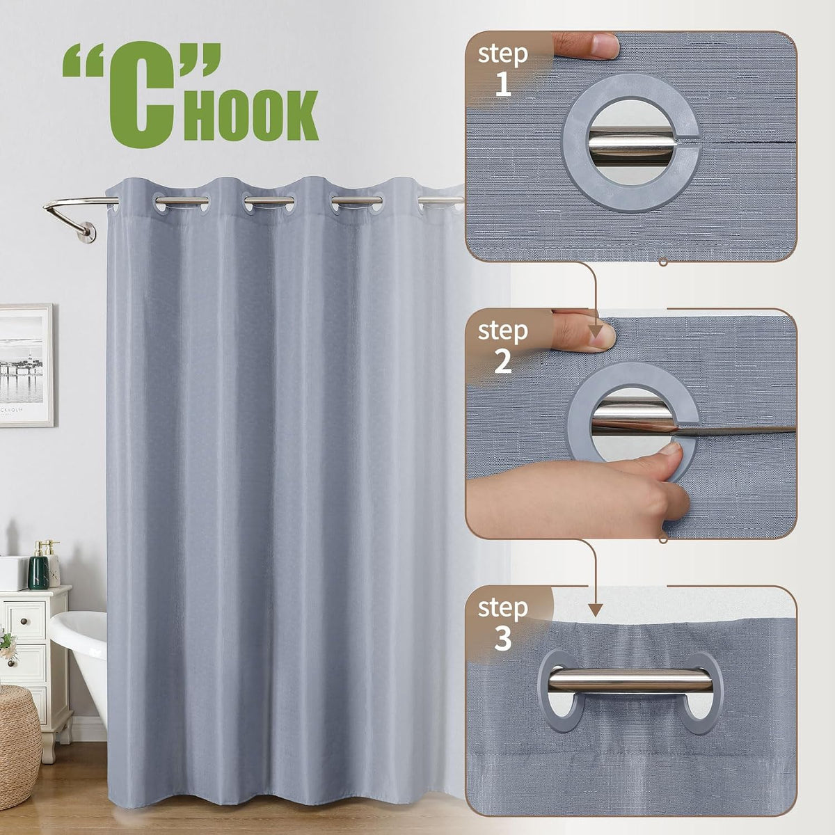 No Hook Shower Curtain, Waterproof Slub Fabric, White 71x74 in