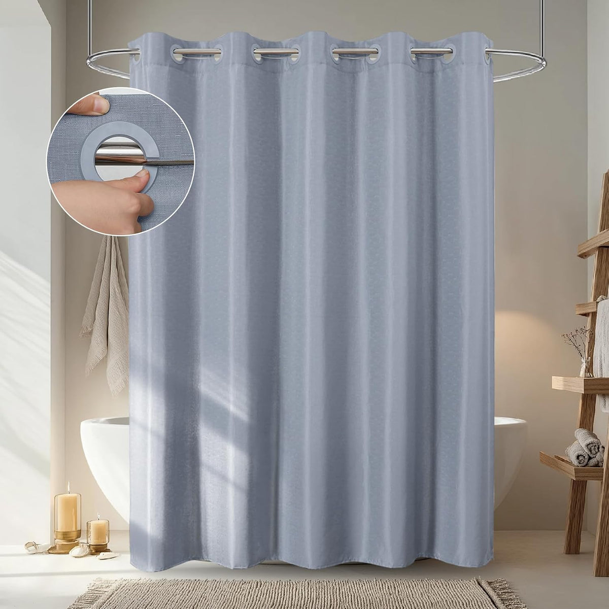 No Hook Shower Curtain, Waterproof Slub Fabric, White 71x74 in