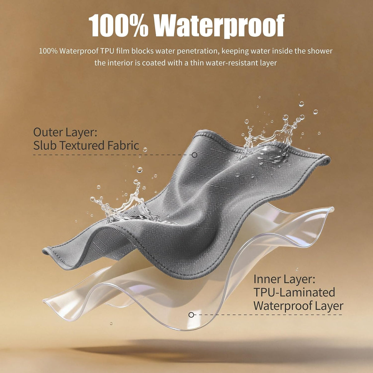 No Hook Shower Curtain, Waterproof Slub Fabric, White 71x74 in