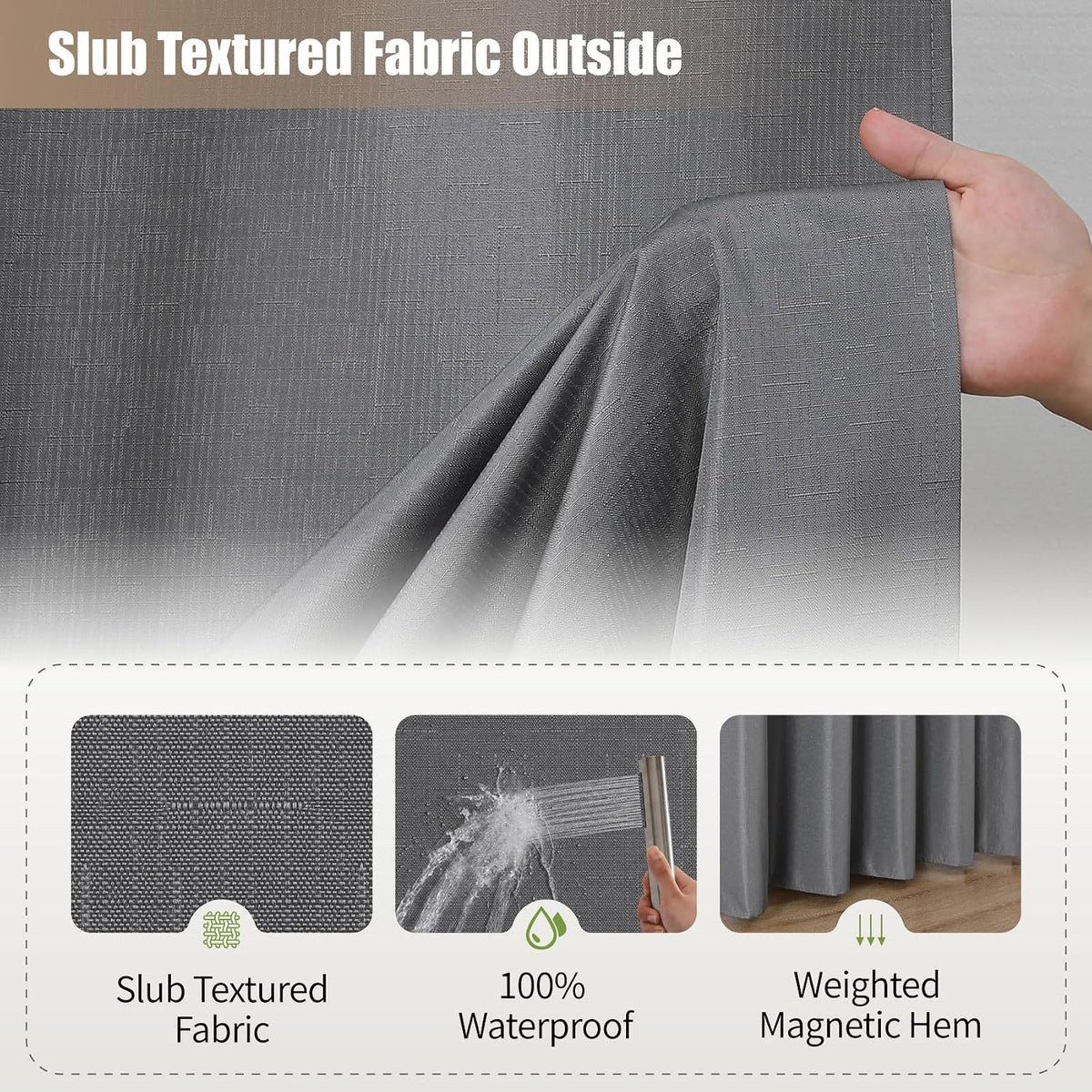 No Hook Shower Curtain, Waterproof Slub Fabric, White 71x74 in