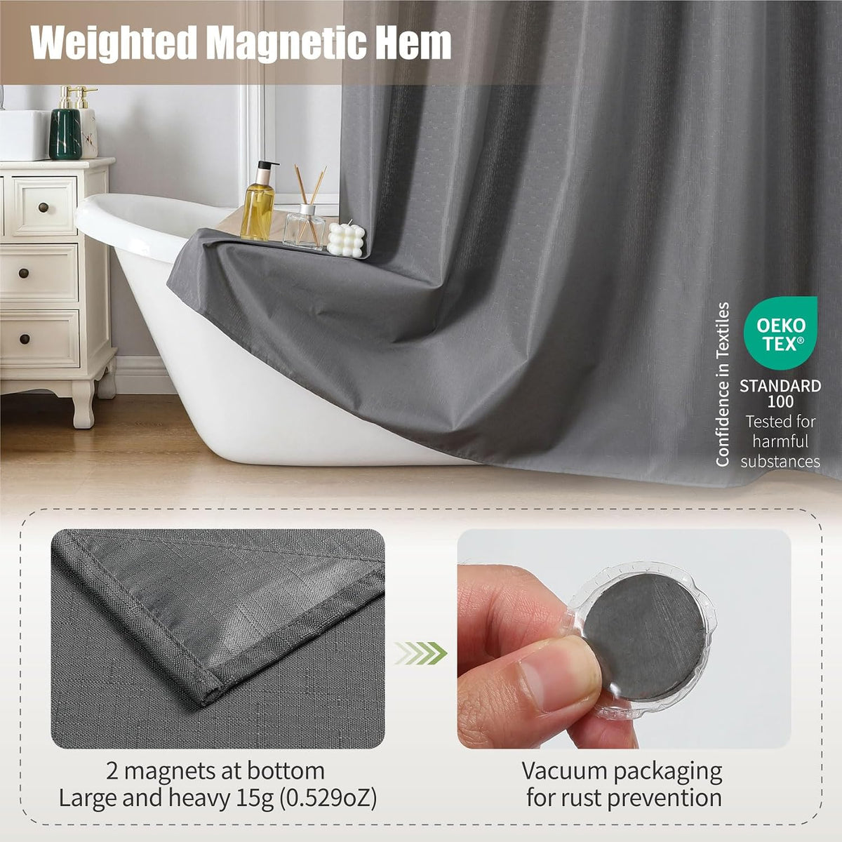 No Hook Shower Curtain, Waterproof Slub Fabric, White 71x74 in