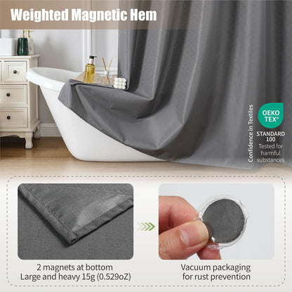 No Hook Shower Curtain, Waterproof Slub Fabric, White 71x74 in
