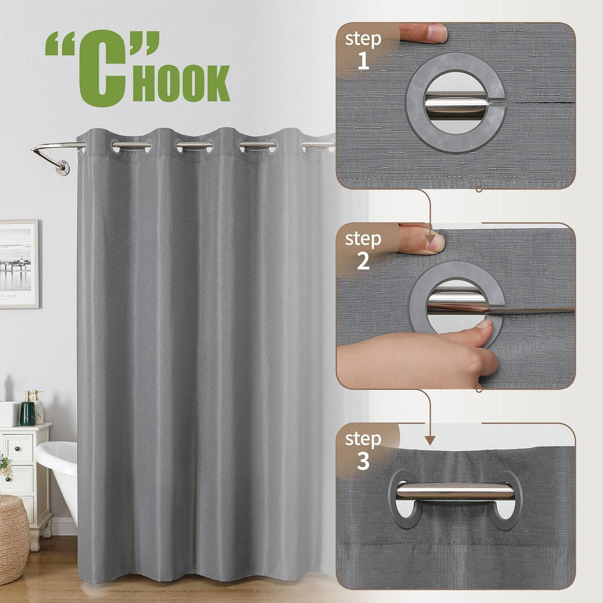 No Hook Shower Curtain, Waterproof Slub Fabric, White 71x74 in