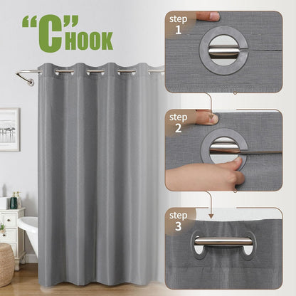 No Hook Shower Curtain, Waterproof Slub Fabric, White 71x74 in