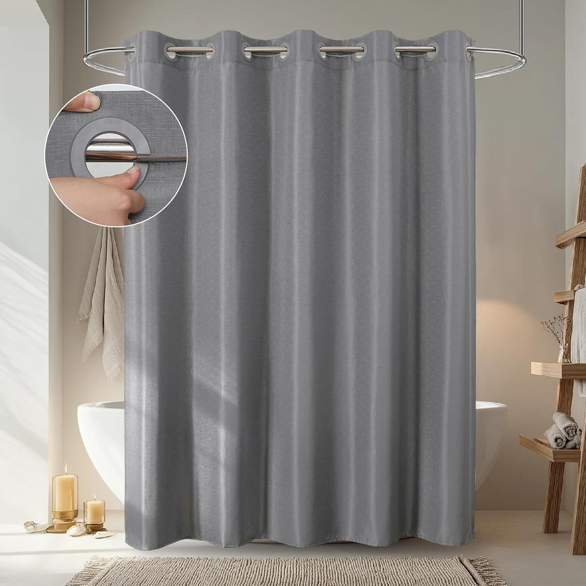No Hook Shower Curtain, Waterproof Slub Fabric, White 71x74 in