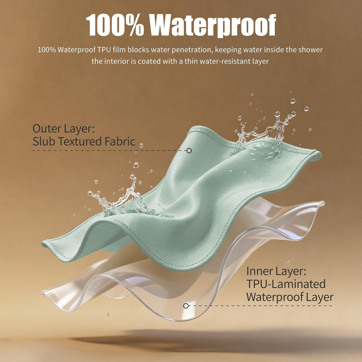 No Hook Shower Curtain, Waterproof Slub Fabric, White 71x74 in