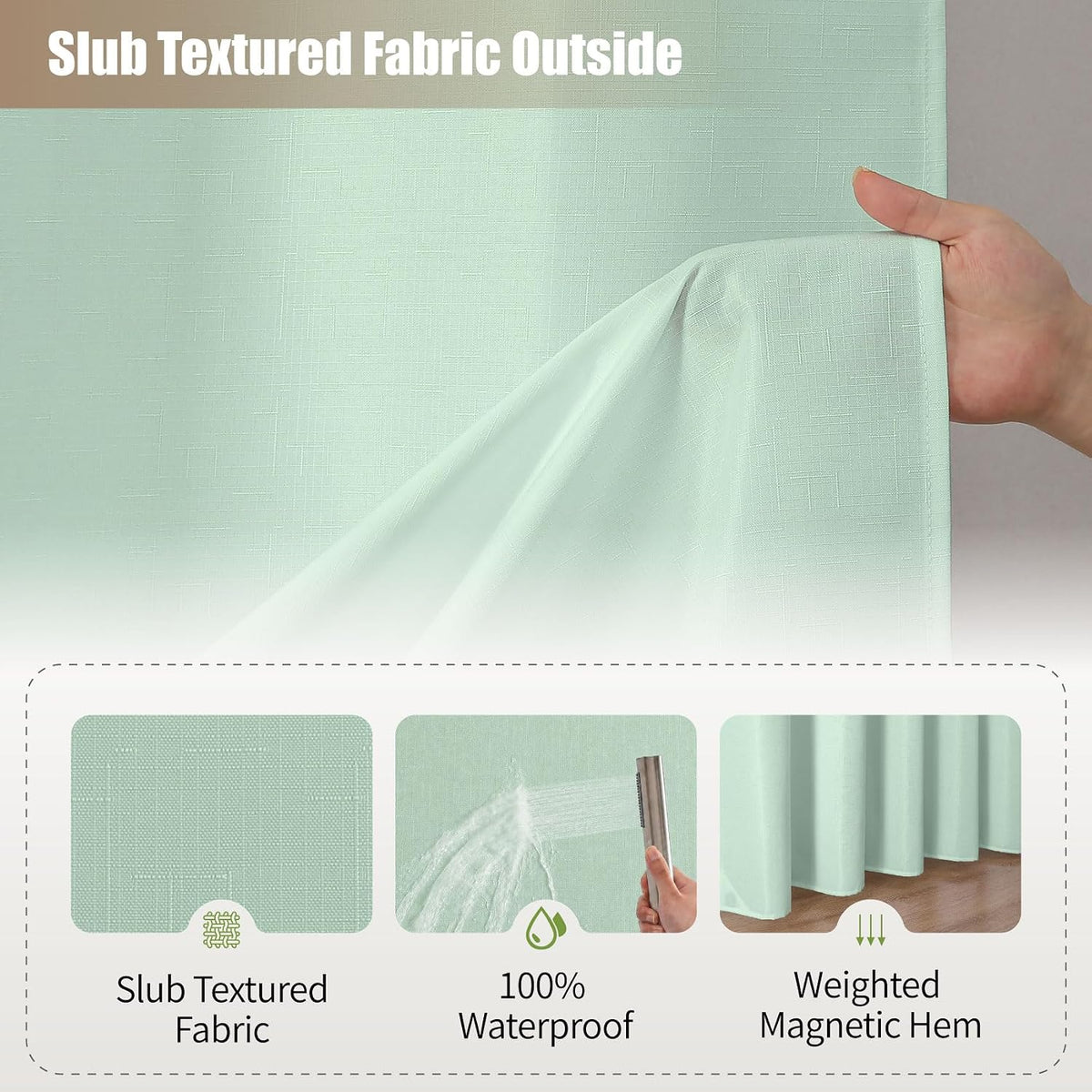 No Hook Shower Curtain, Waterproof Slub Fabric, White 71x74 in