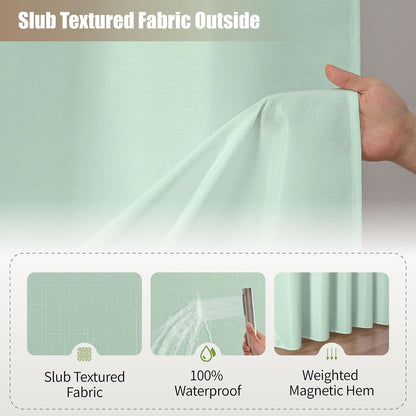 No Hook Shower Curtain, Waterproof Slub Fabric, White 71x74 in