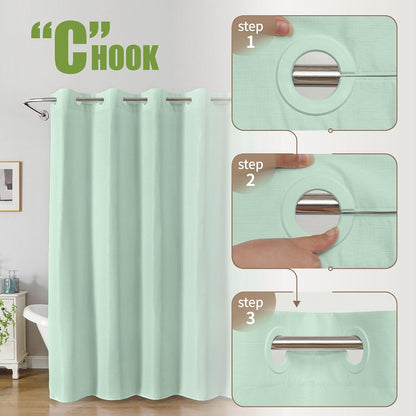 No Hook Shower Curtain, Waterproof Slub Fabric, White 71x74 in