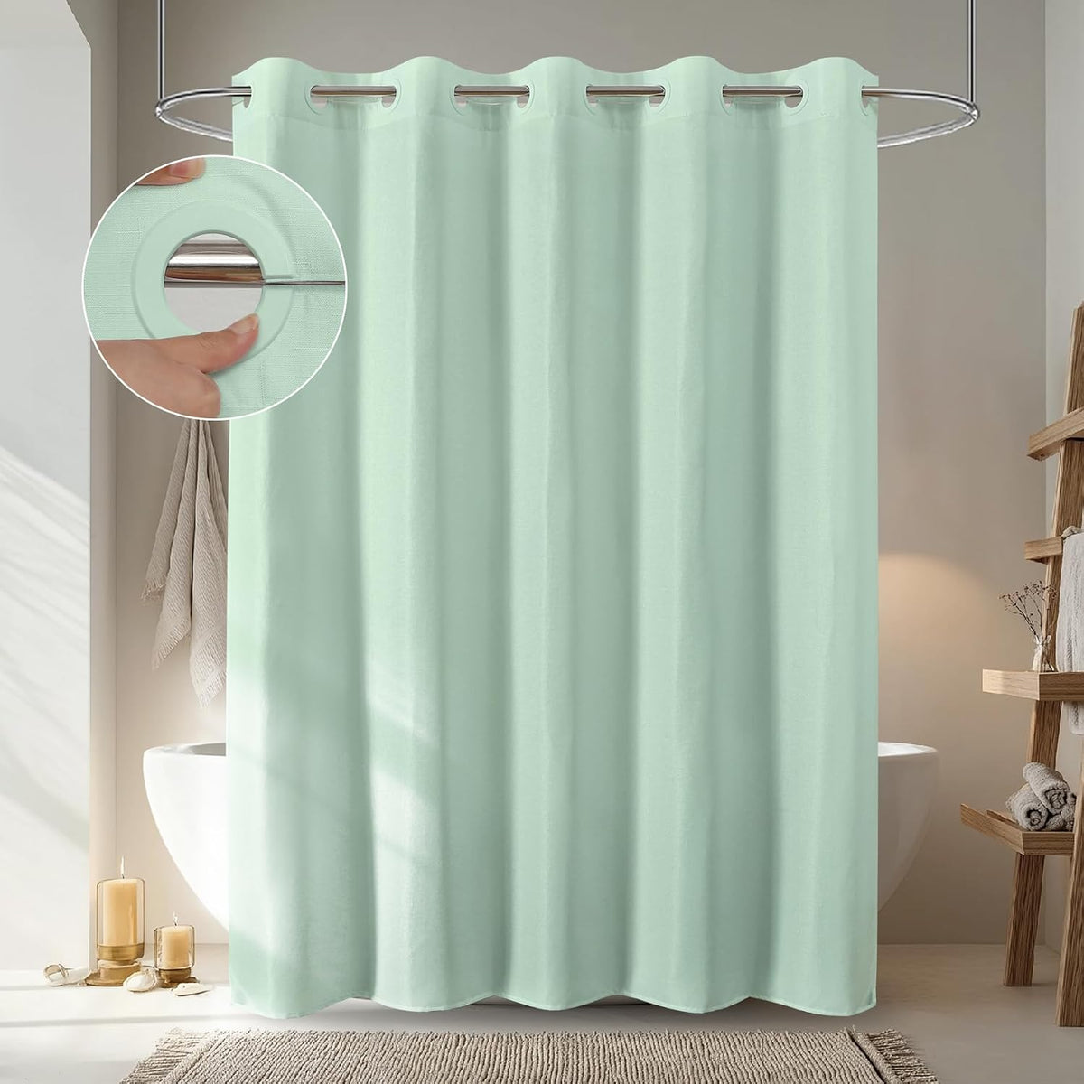 No Hook Shower Curtain, Waterproof Slub Fabric, White 71x74 in