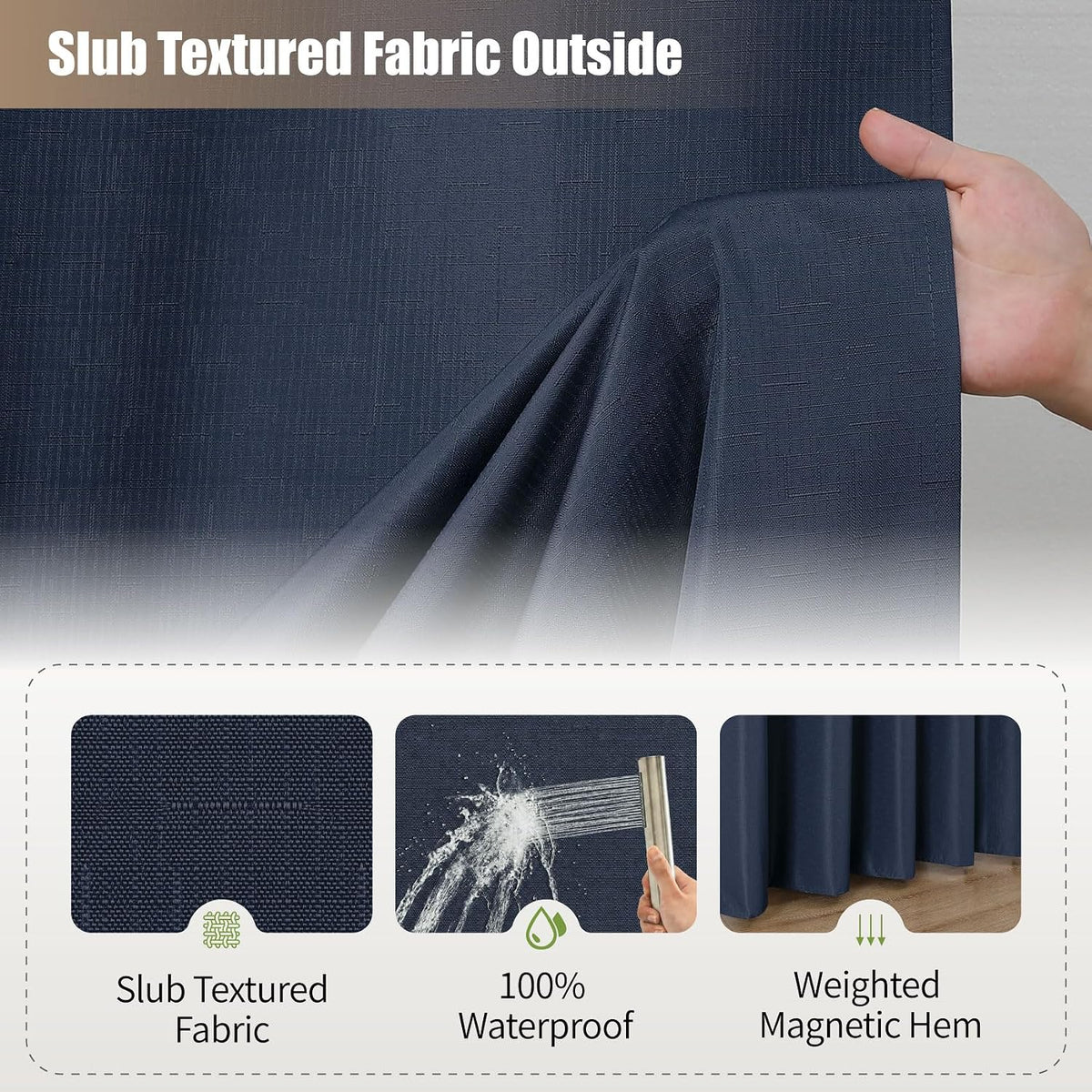 No Hook Shower Curtain, Waterproof Slub Fabric, White 71x74 in
