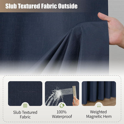 No Hook Shower Curtain, Waterproof Slub Fabric, White 71x74 in