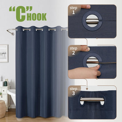 No Hook Shower Curtain, Waterproof Slub Fabric, White 71x74 in
