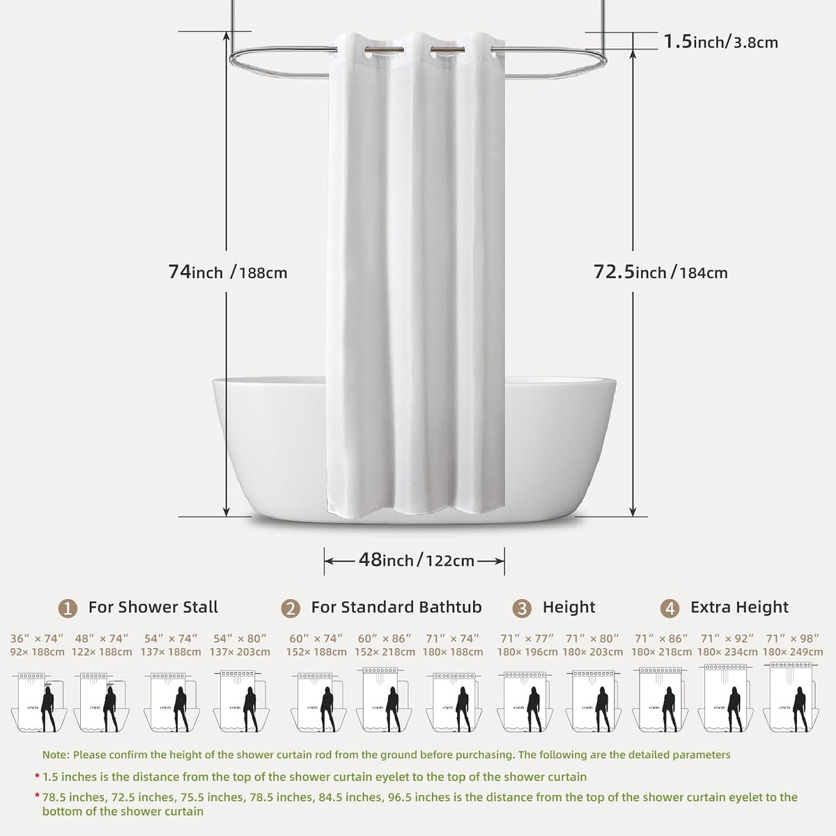 No Hook Shower Curtain, Waterproof Slub Fabric, White 71x74 in