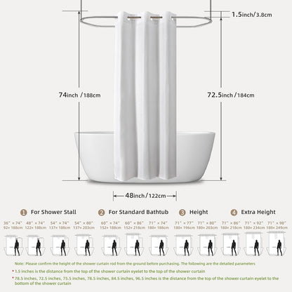 No Hook Shower Curtain, Waterproof Slub Fabric, White 71x74 in