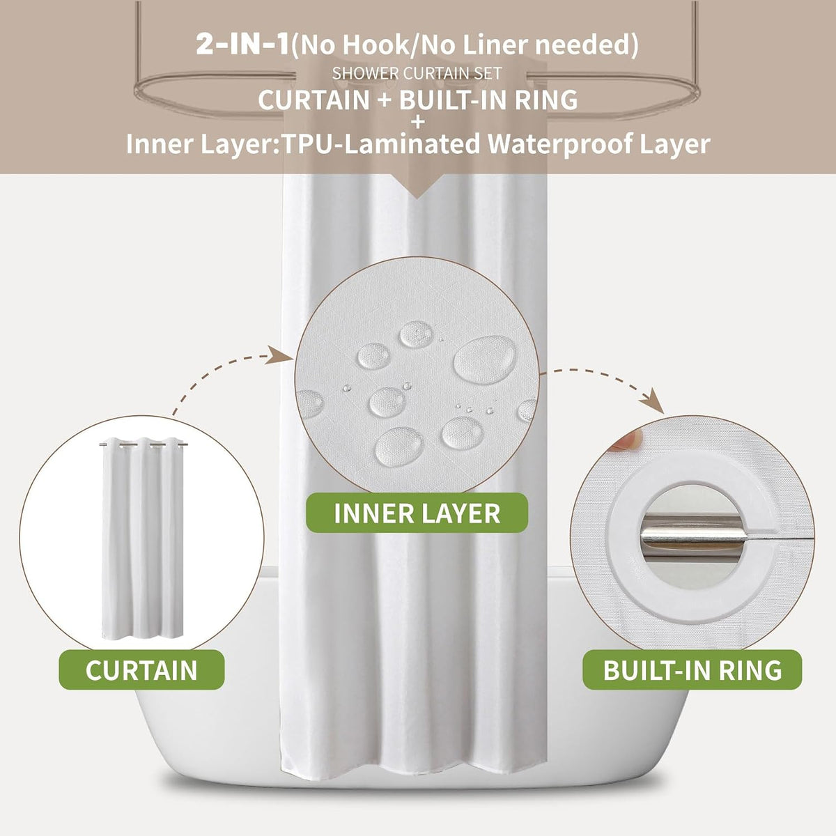 No Hook Shower Curtain, Waterproof Slub Fabric, White 71x74 in