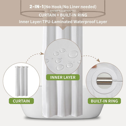 No Hook Shower Curtain, Waterproof Slub Fabric, White 71x74 in