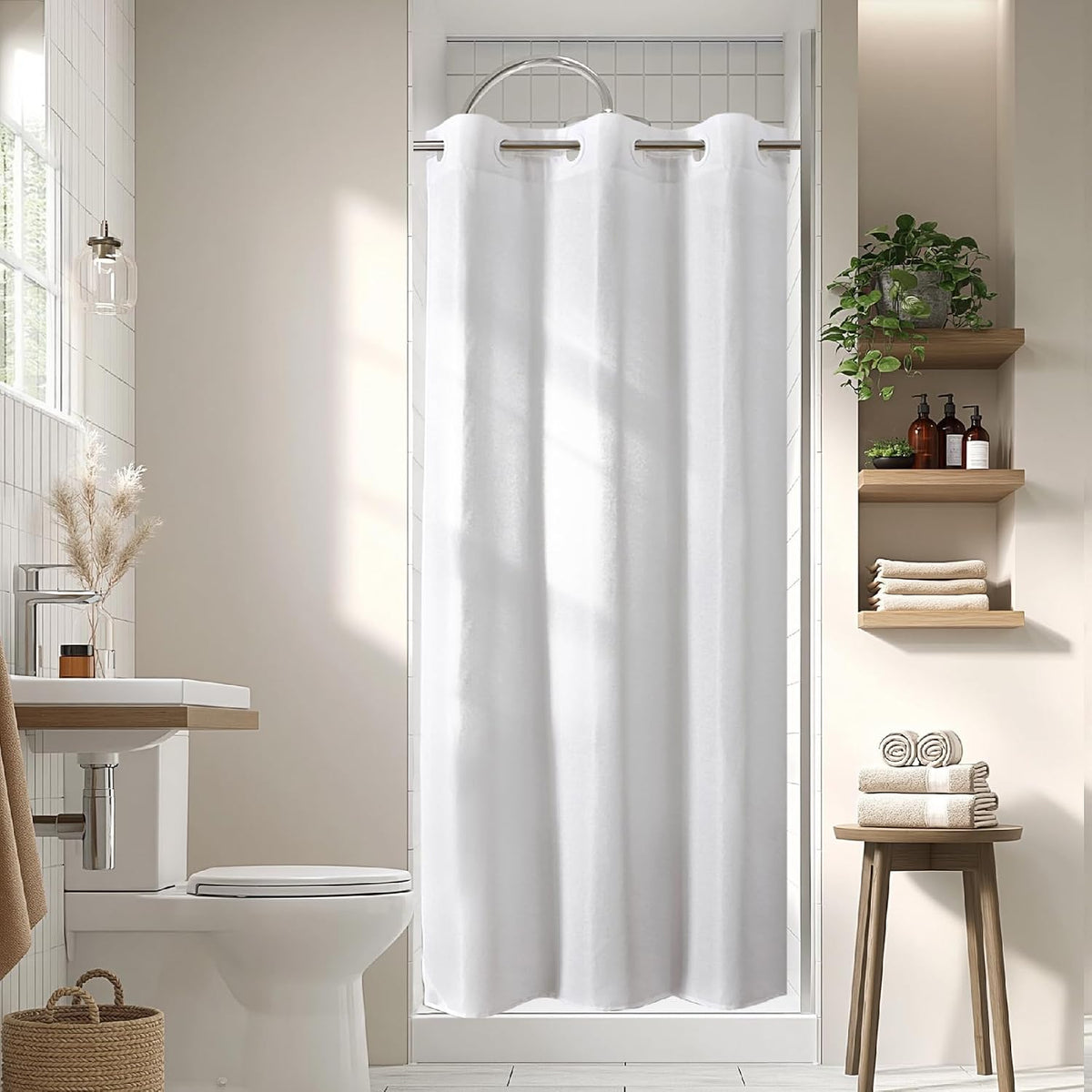 No Hook Shower Curtain, Waterproof Slub Fabric, White 71x74 in