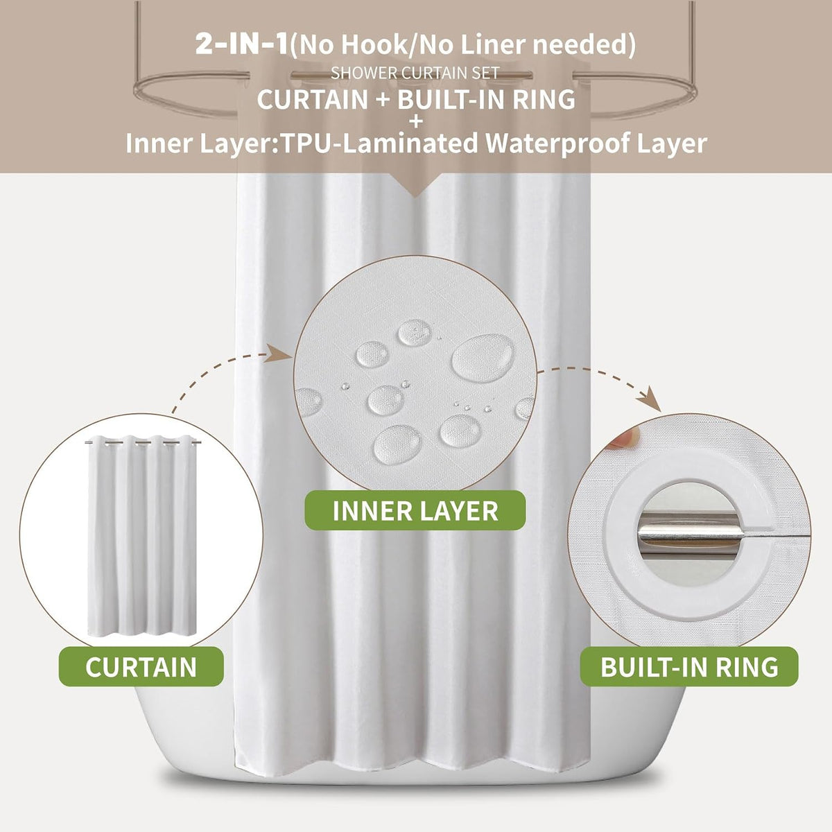 No Hook Shower Curtain, Waterproof Slub Fabric, White 71x74 in