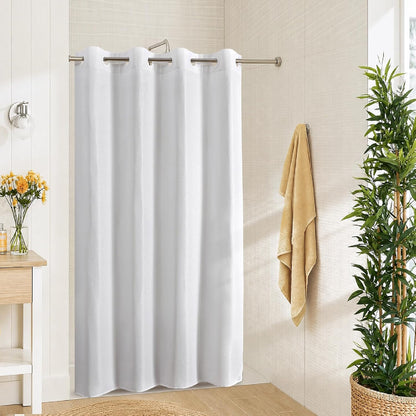 No Hook Shower Curtain, Waterproof Slub Fabric, White 71x74 in
