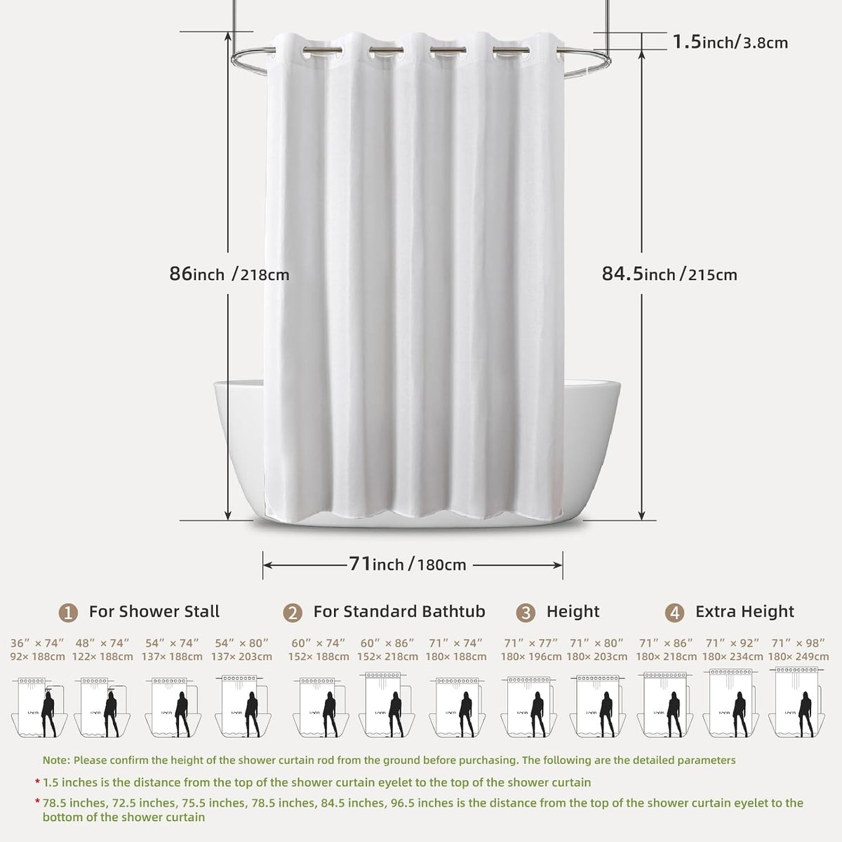 No Hook Shower Curtain, Waterproof Slub Fabric, White 71x74 in