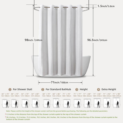 No Hook Shower Curtain, Waterproof Slub Fabric, White 71x74 in