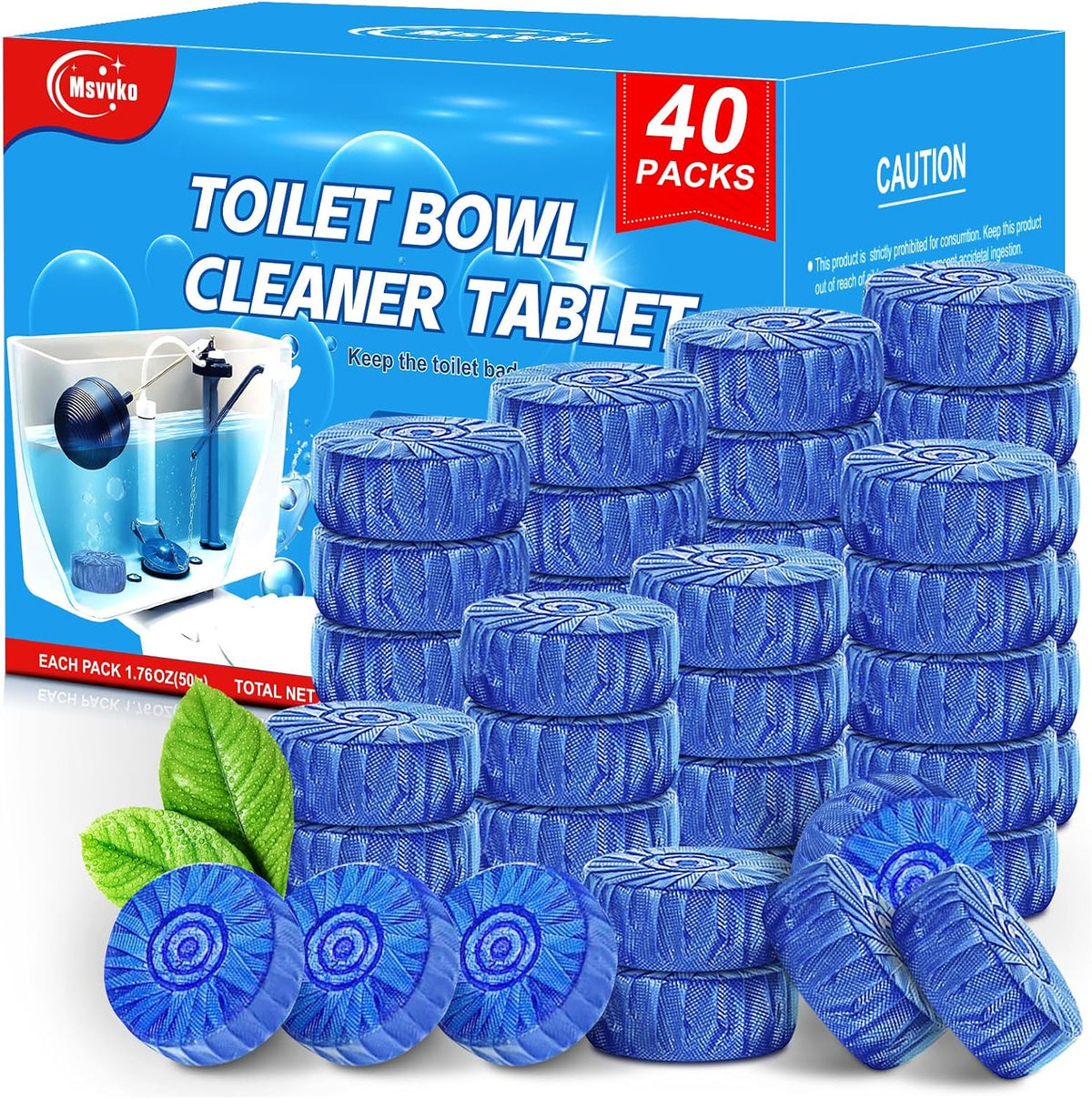 Toilet Bowl Cleaner Tablets 40 Pcs, Septic Safe Automatic Toilet Tank Cleaner with Sustained-Release Technology, Powerful Long-Lasting Blue Tabs for Bathroom Stain Remover & Deodorizer
