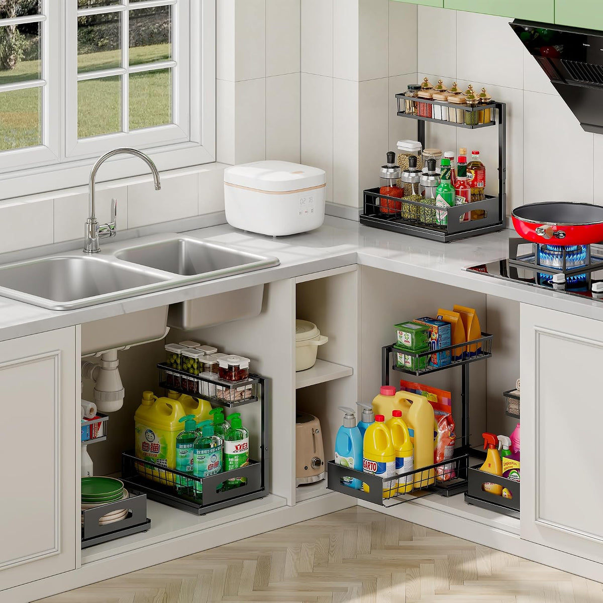 Under Sink Organizer, 2-Pack L-Shaped Metal Pull-Out Drawers for Kitchen