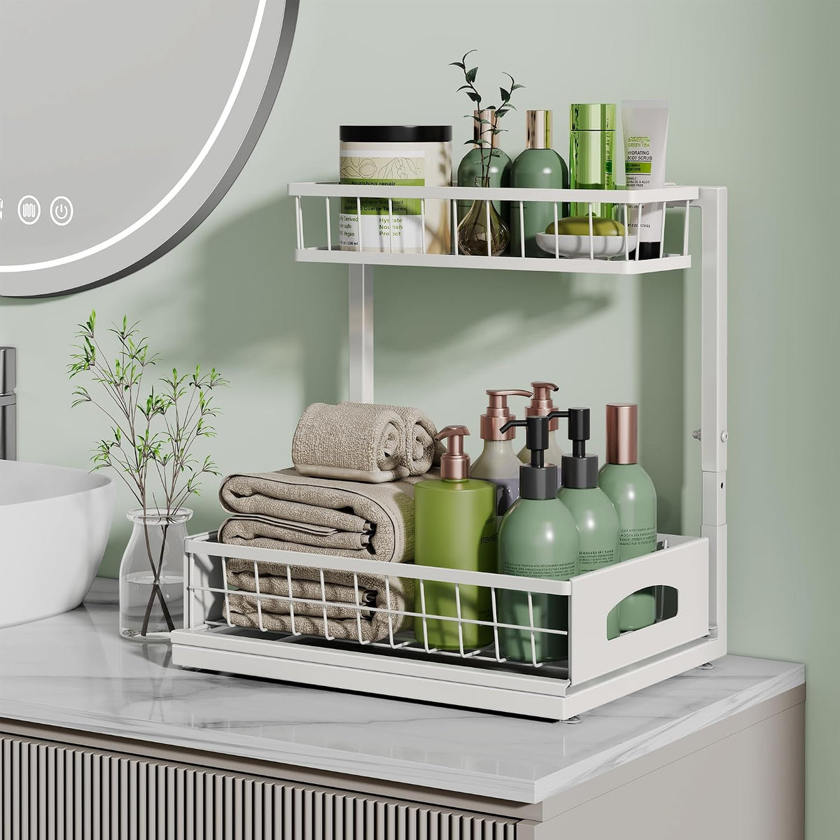 Under Sink Organizer, 2-Pack L-Shaped Metal Pull-Out Drawers for Kitchen