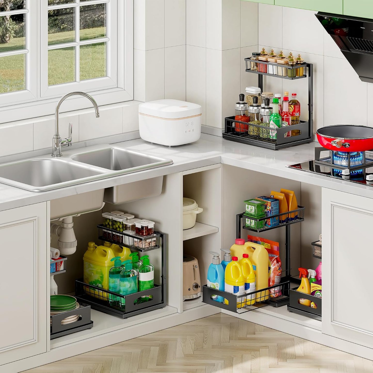 Under Sink Organizer, 2-Pack L-Shaped Metal Pull-Out Drawers for Kitchen