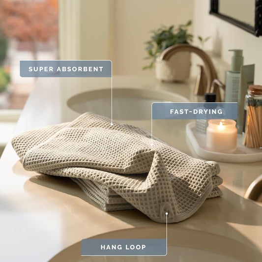 . Aura Waffle Hand Towels, 4 Pack, 16" x 30", Grey