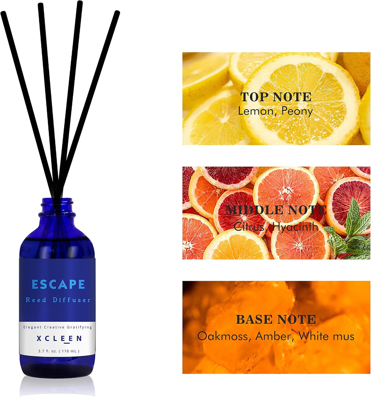 Reed Diffusers Set, 3.7 Oz Scent Diffuser, 6 Reed Diffuser Sticks, Home Fragrance Hyacinth, Peony & Citrus, Aromatherapy Oil Diffuser Reeds, More Masculine Scent, Bathroom & Office Decor 110ml