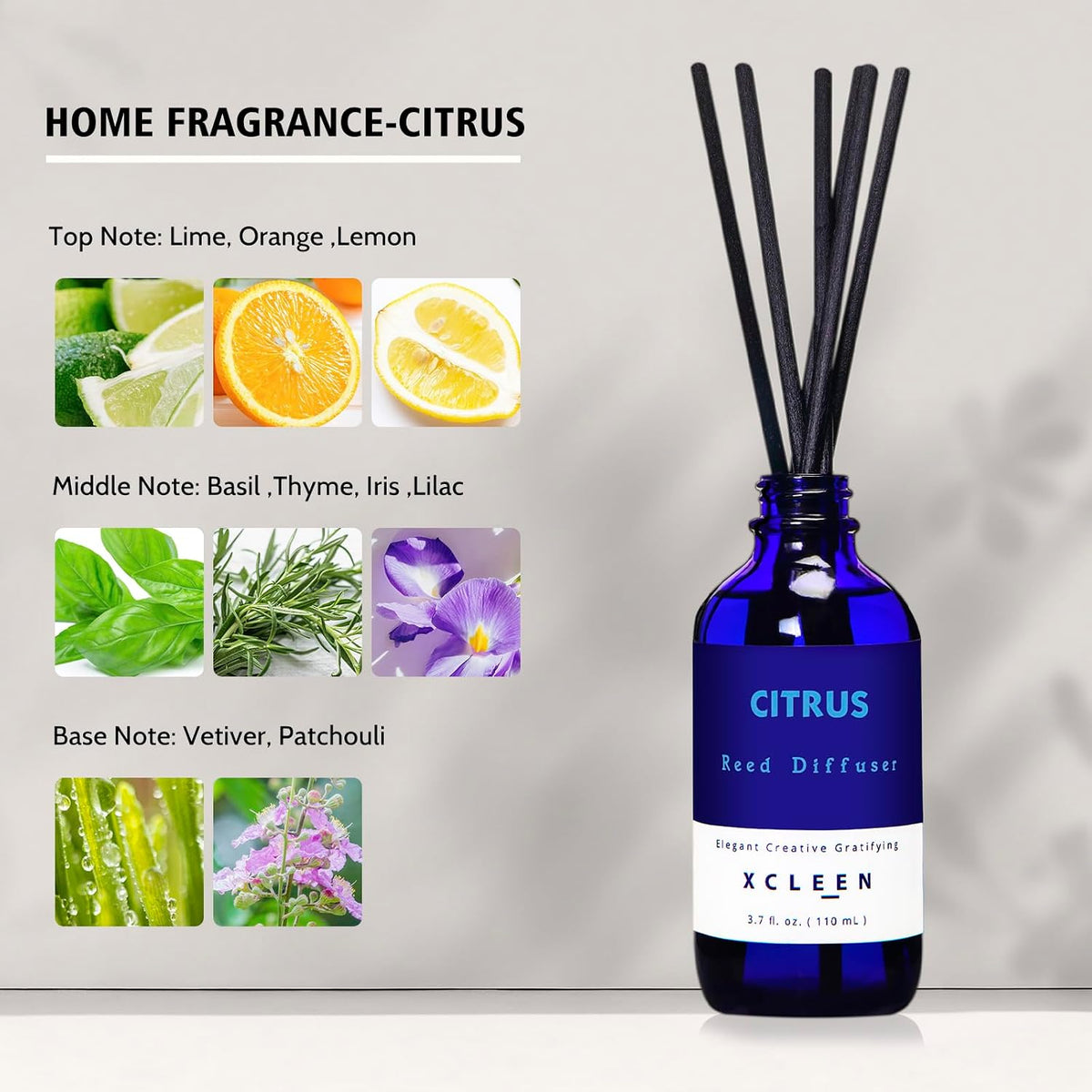 Reed Diffusers Set, 3.7 Oz Scent Diffuser, 6 Reed Diffuser Sticks, Home Fragrance Hyacinth, Peony & Citrus, Aromatherapy Oil Diffuser Reeds, More Masculine Scent, Bathroom & Office Decor 110ml