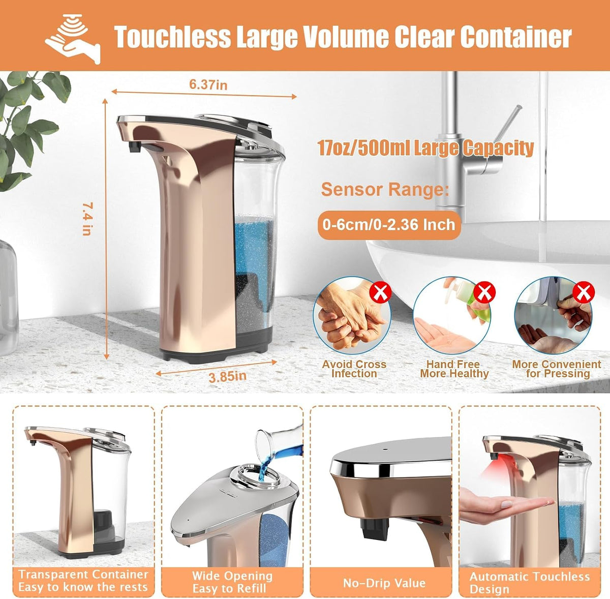Automatic Soap Dispenser, 17oz Touchless Liquid Dish Soap Dispenser Kitchen