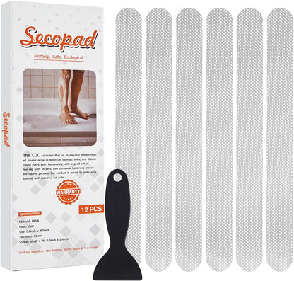 12PCS Strip Non Slip Bathtub Stickers with Scraper, 0.8*8in, Clear | Original Safety Anti-Slip Treads, Comfortable PEVA Material, Strong Adhesive, Easy to Use, For Bath Tubs, Showers & Stairs