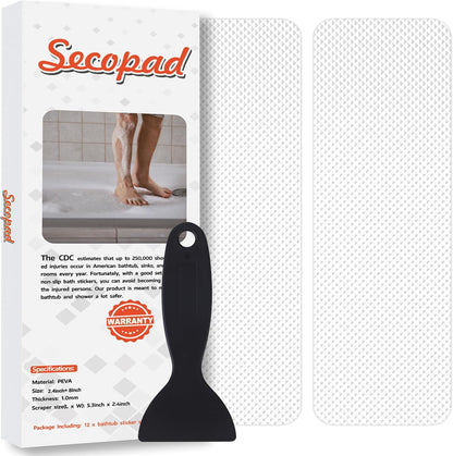 12PCS Strip Non Slip Bathtub Stickers with Scraper, 0.8*8in, Clear | Original Safety Anti-Slip Treads, Comfortable PEVA Material, Strong Adhesive, Easy to Use, For Bath Tubs, Showers & Stairs