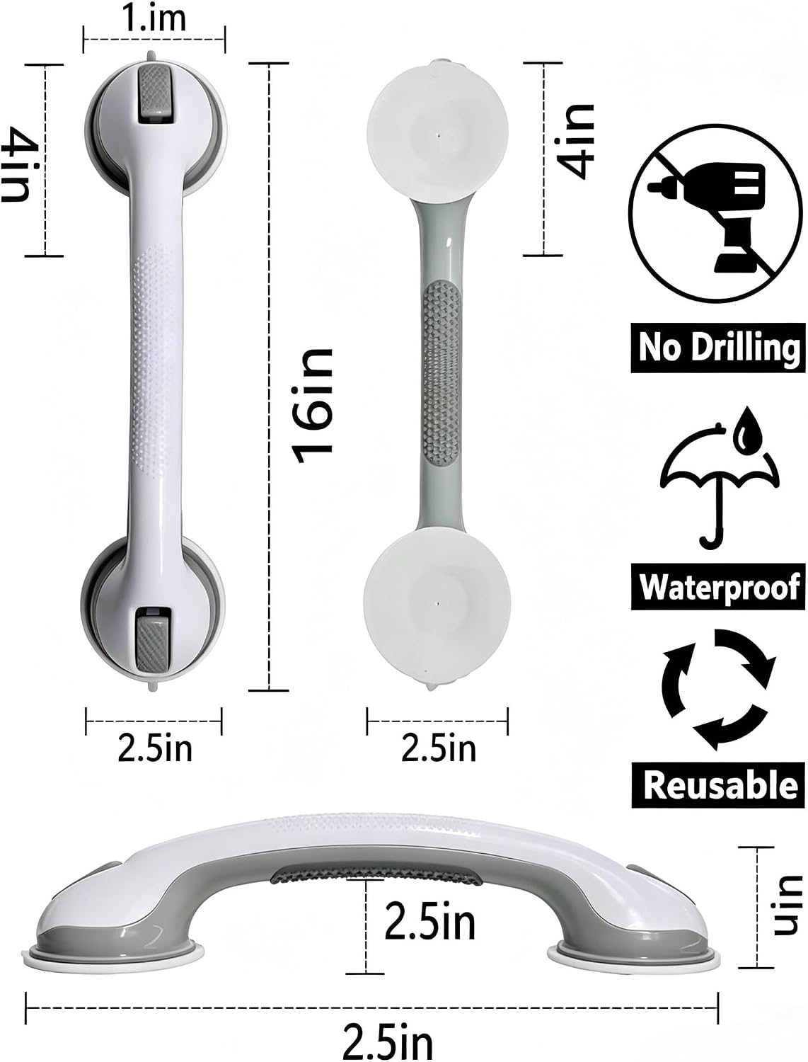 Shower Grab Bar, Suction Grab Bars for Shower, 2 Pack 16.11 Inch Shower Handles for Elderly Suction, Bathroom Grab Bars for Seniors, Shower Grab Bars Suction Heavy Duty, Waterproof No Drilling